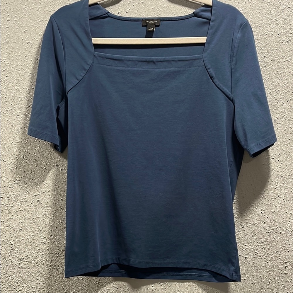 Ann Taylor Blue Fitted Short Sleeve Blouse